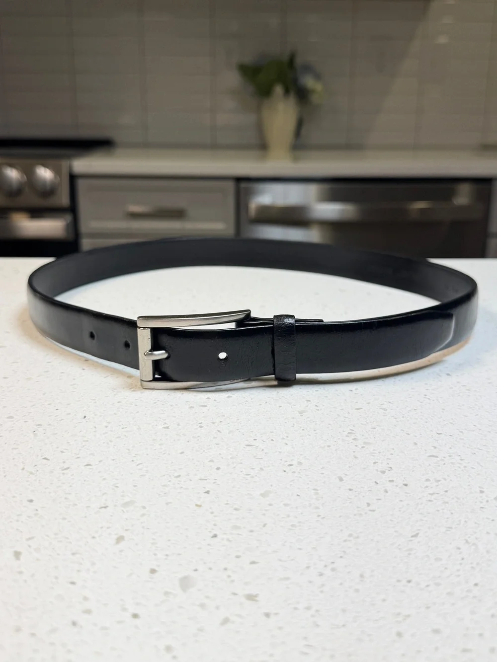 Vintage 90's DKNY Black Leather Belt Silver-Toned Rectangular Buckle Medium M